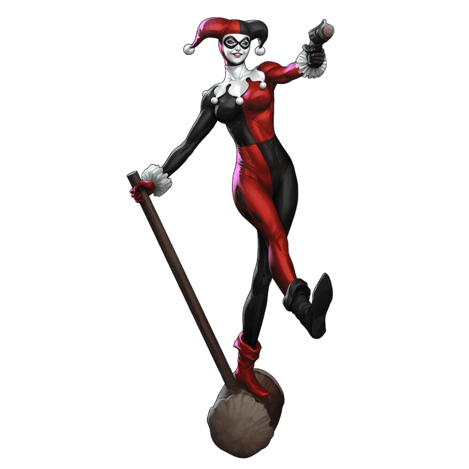 Harley Quinn en tenue rouge et noire avec son marteau