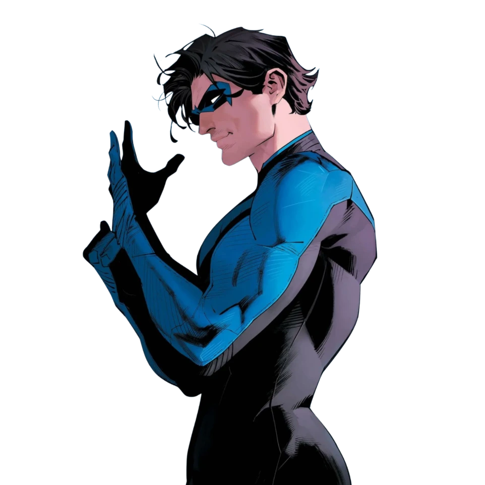 Nightwing en costume bleu et noir, ancien Robin devenu héros indépendant