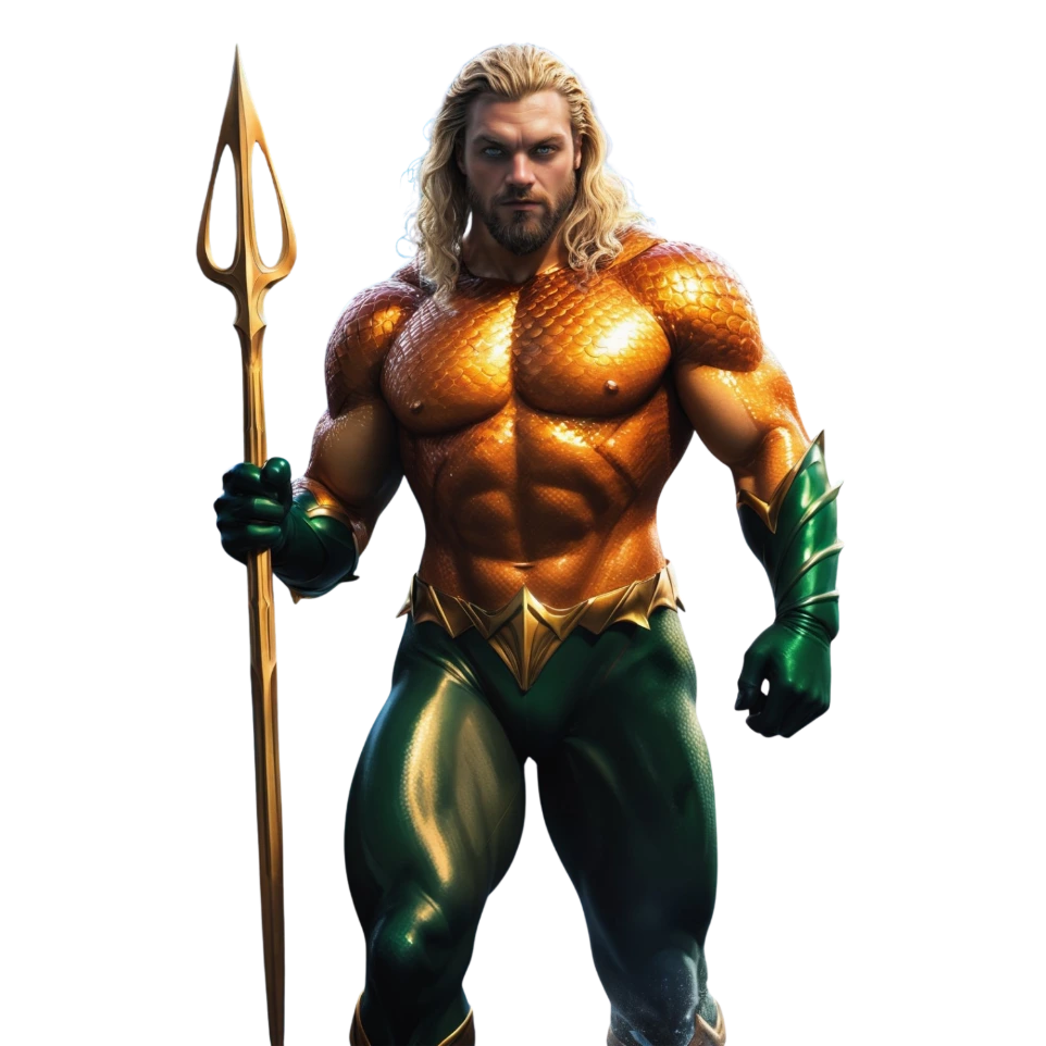 Aquaman roi d’Atlantis tenant son trident doré