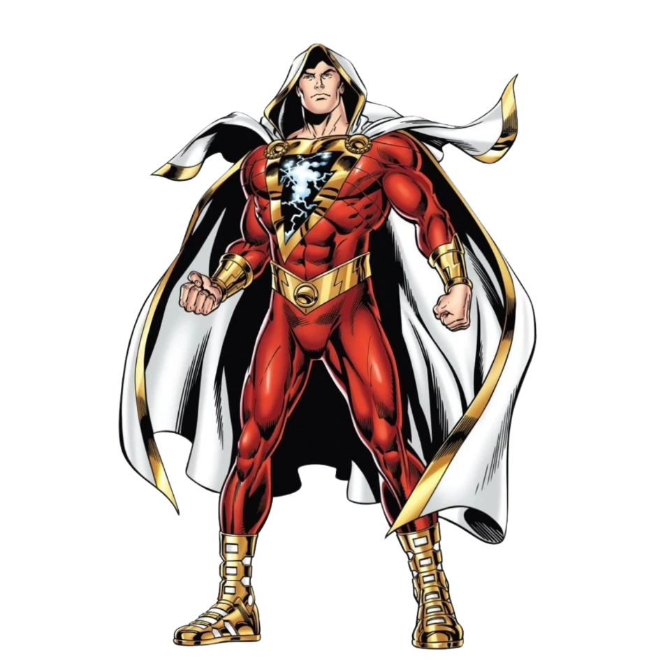 Shazam en costume rouge et cape blanche, héros aux pouvoirs divins
