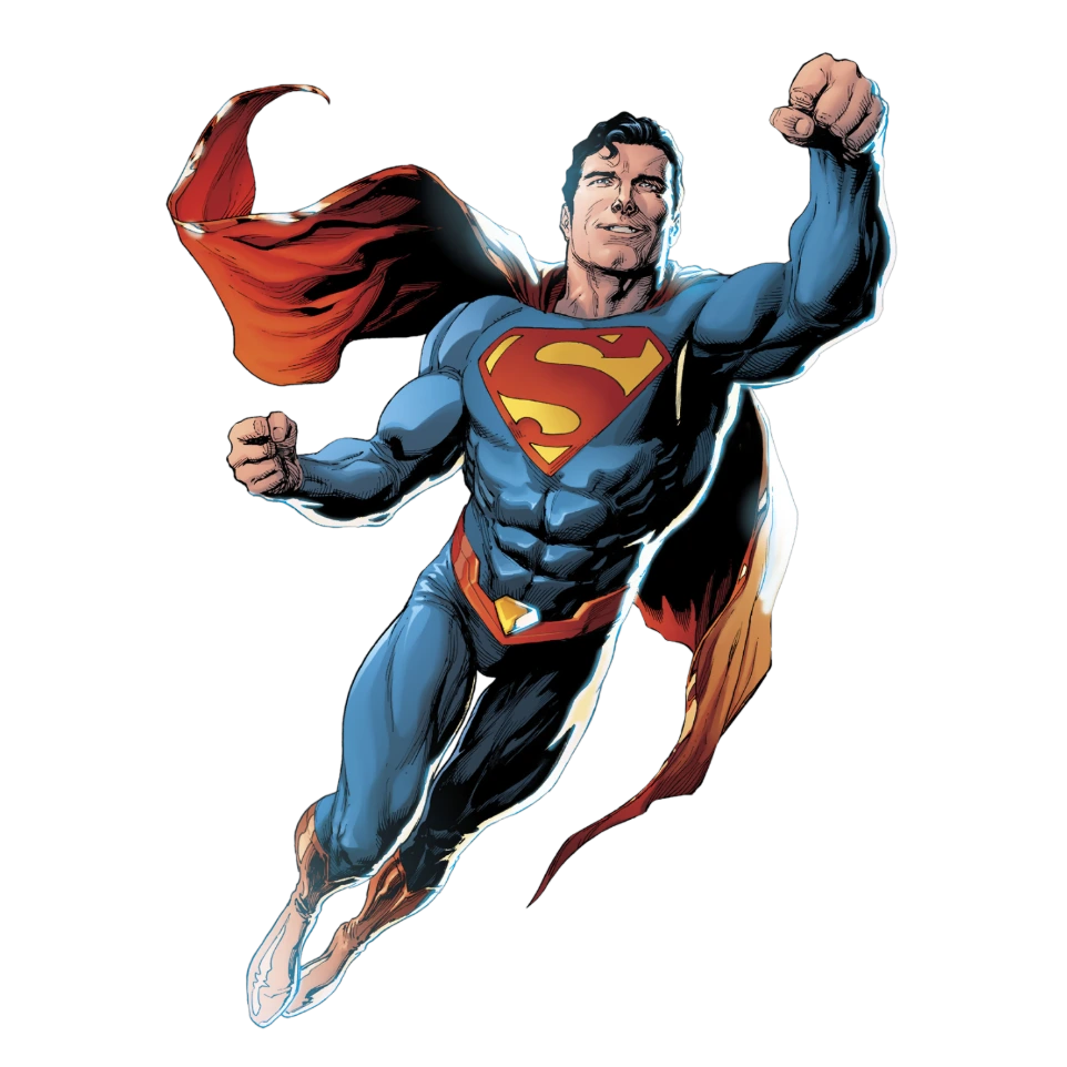 Superman en vol, costume bleu et rouge avec le symbole S emblématique